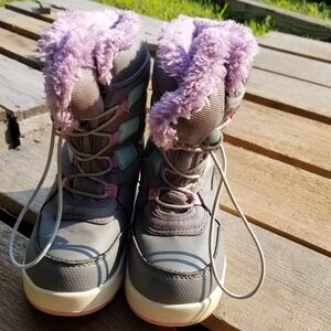 Kids Winter Boots with Purple Fur Trim Waterproof